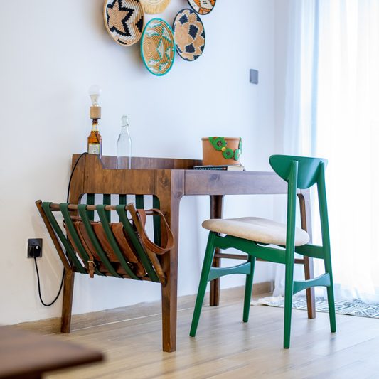 Manda Desk by The Seating Company — solid wood desk with integrated magazine rack, walnut finish, and minimal Scandinavian design